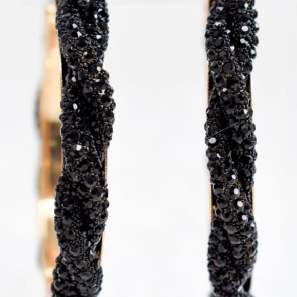 3" Boho Braid Twist Black Rhinestone Hoop Earrings - Picture 6 of 12
